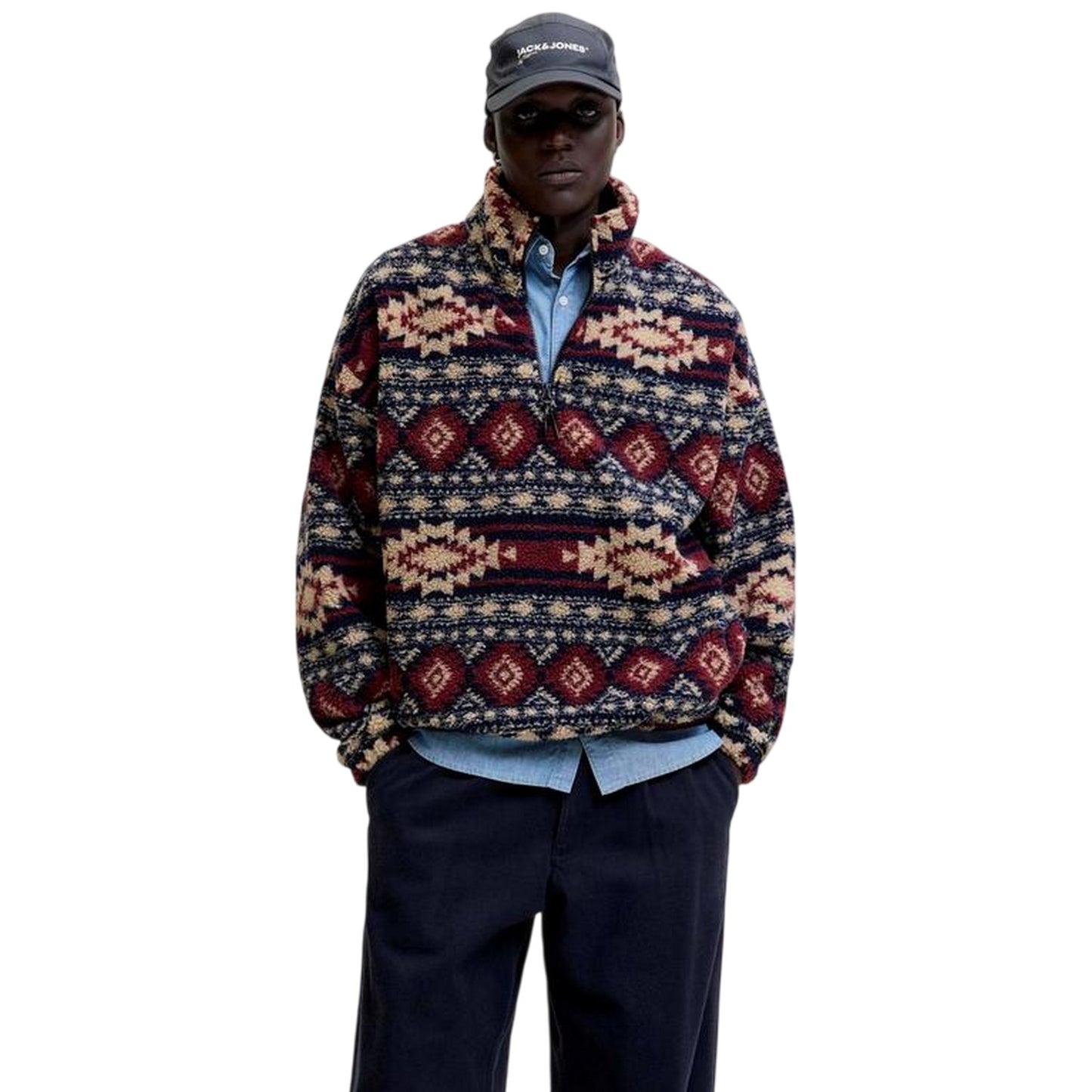 Navy Blazer - Side - Jack And Jones Mens Eddie Teddy Fleece Half Zip Sweatshirt