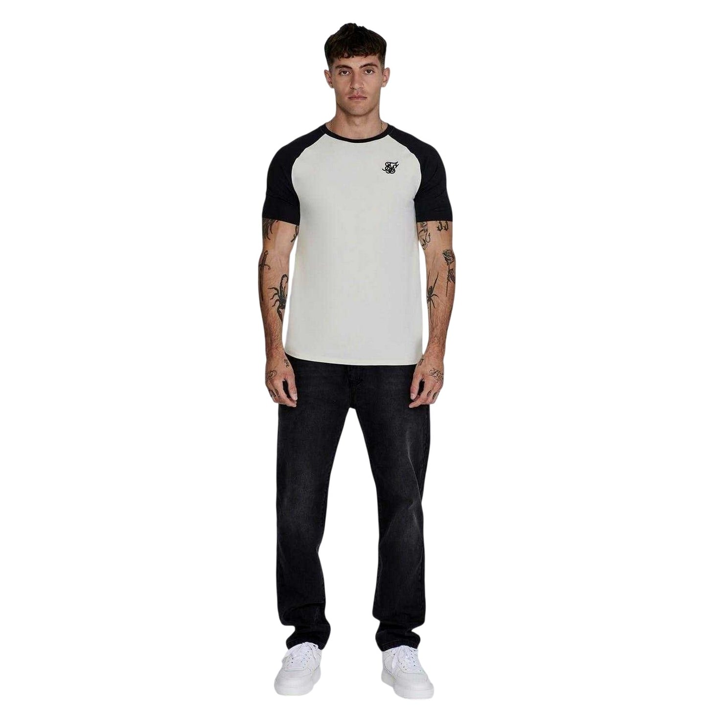 Ecru-Black - Side - SikSilk Mens Logo Crew Neck Raglan T-Shirt
