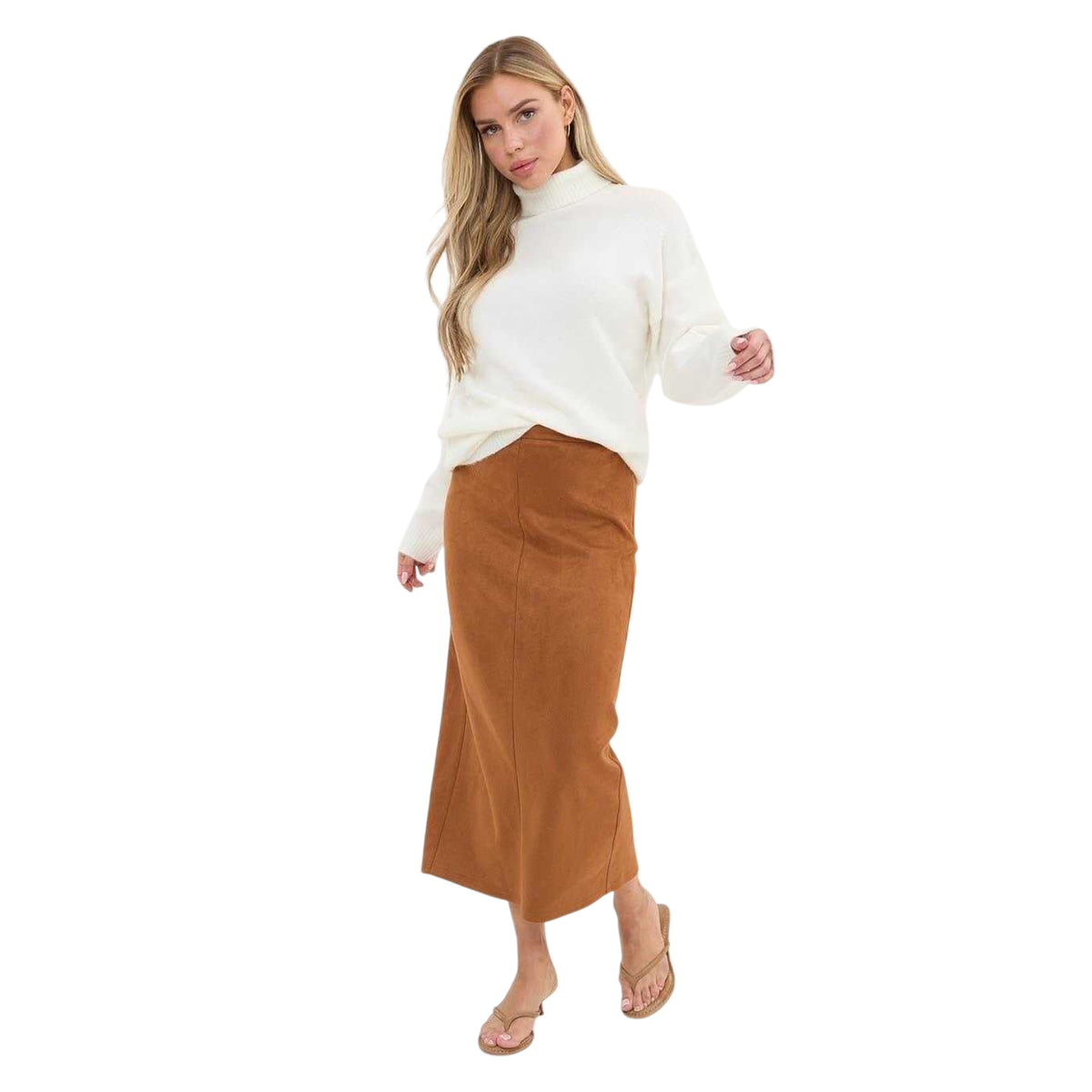 Brown - Side - I Saw It First Womens-Ladies Faux Suede High Waist Midi Skirt