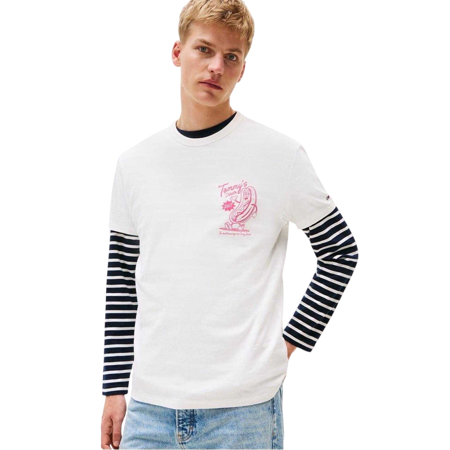 Ecru - Side - Tommy Jeans Mens Hot Dog Back Print Regular T-Shirt