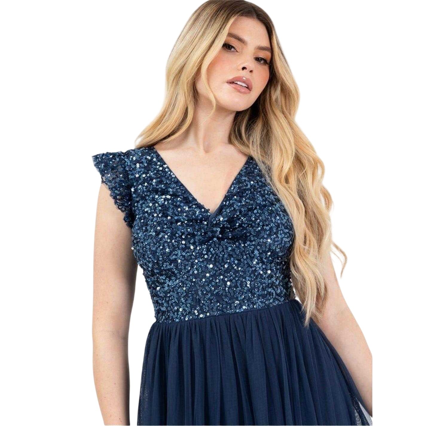 French Navy - Side - Deluxe Womens-Ladies Sequin A-line Midi Dress