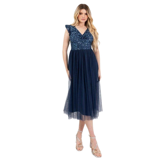 French Navy - Front - Deluxe Womens-Ladies Sequin A-line Midi Dress