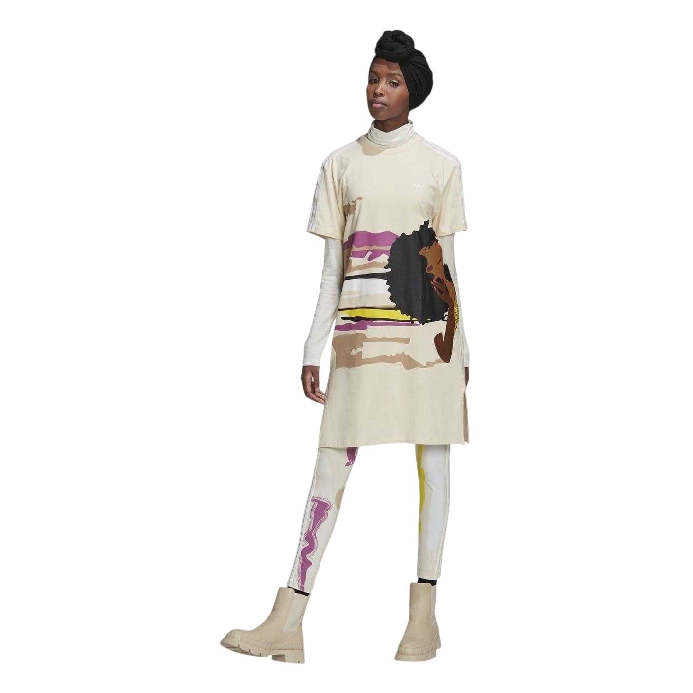 Beige - Side - Adidas Womens-Ladies Graphic Print Crew Neck T-Shirt Dress