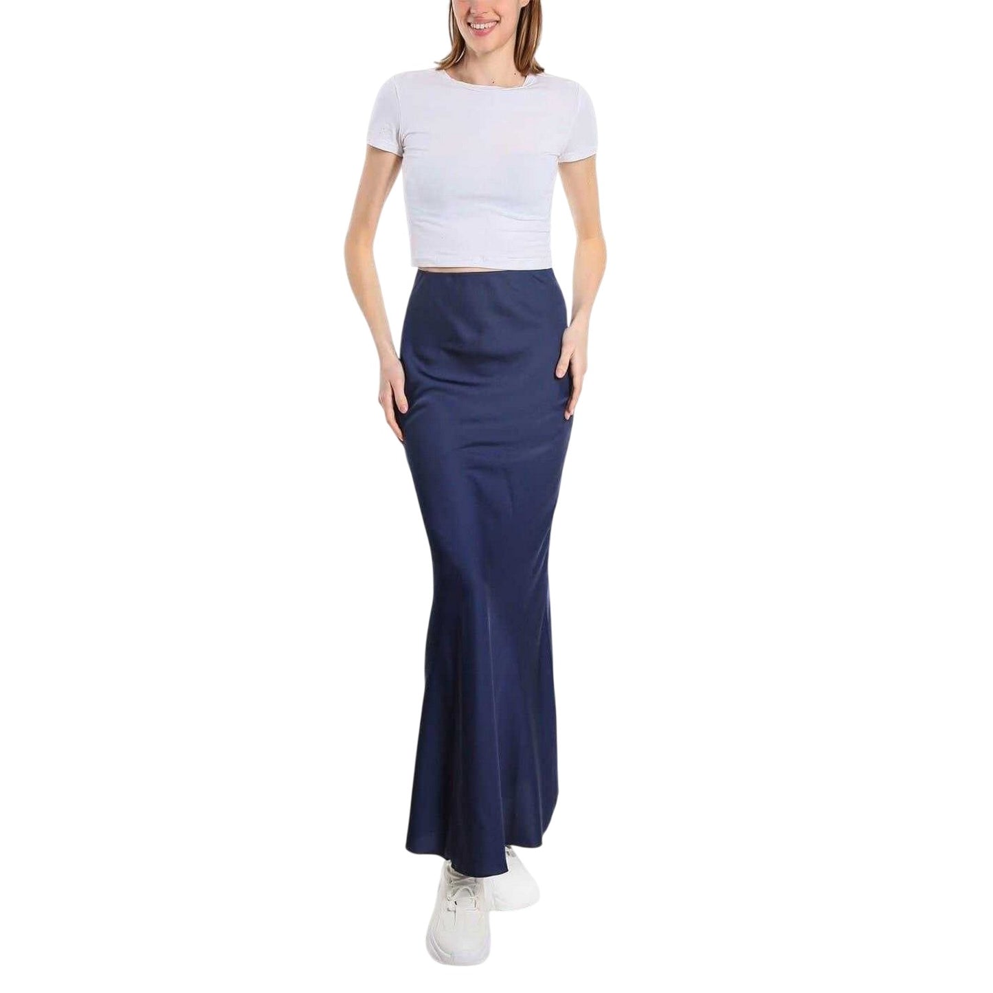 Navy - Side - Be You Womens-Ladies Satin Midi Skirt