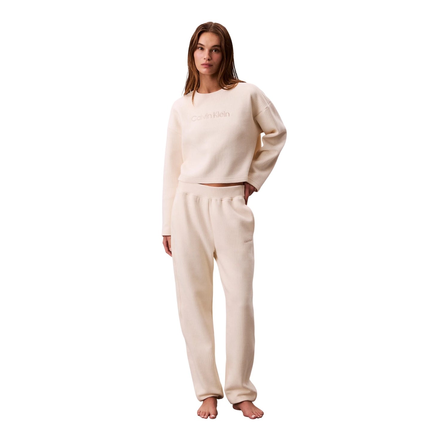 Ivory - Side - Calvin Klein Womens-Ladies Embroidered Crew Neck Sweatshirt