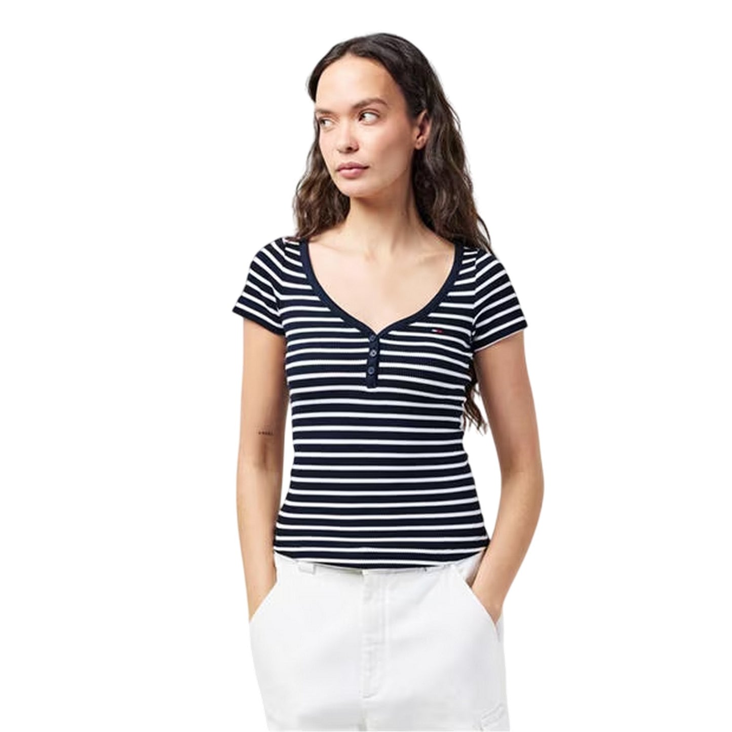 Navy-White - Side - Tommy Jeans Womens-Ladies Striped V Neck Slim T-Shirt