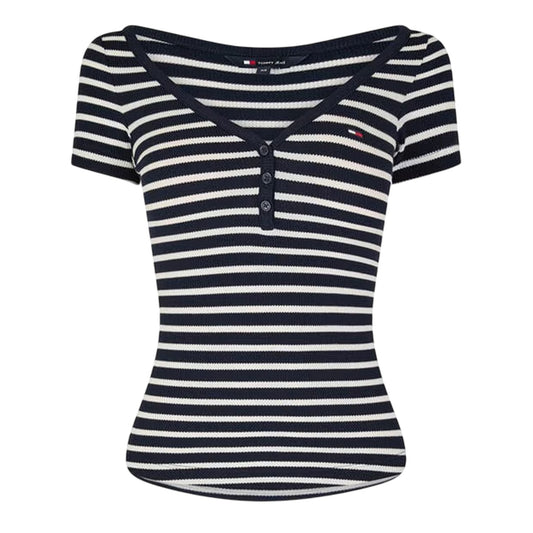 Navy-White - Front - Tommy Jeans Womens-Ladies Striped V Neck Slim T-Shirt
