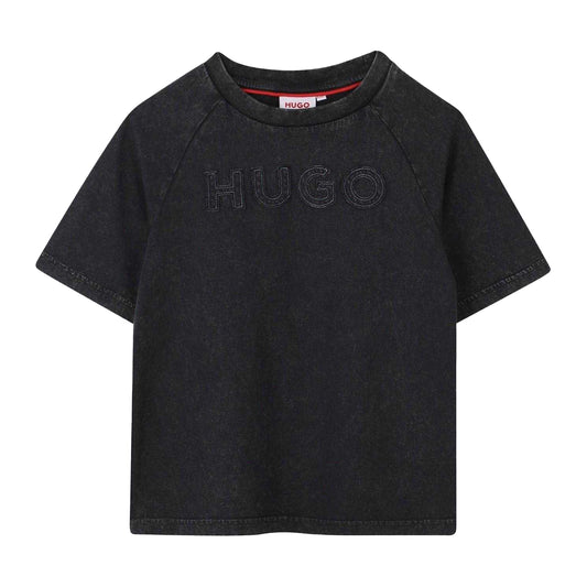 Black - Front - Hugo Childrens-Kids Lettering Washed Raglan T-Shirt