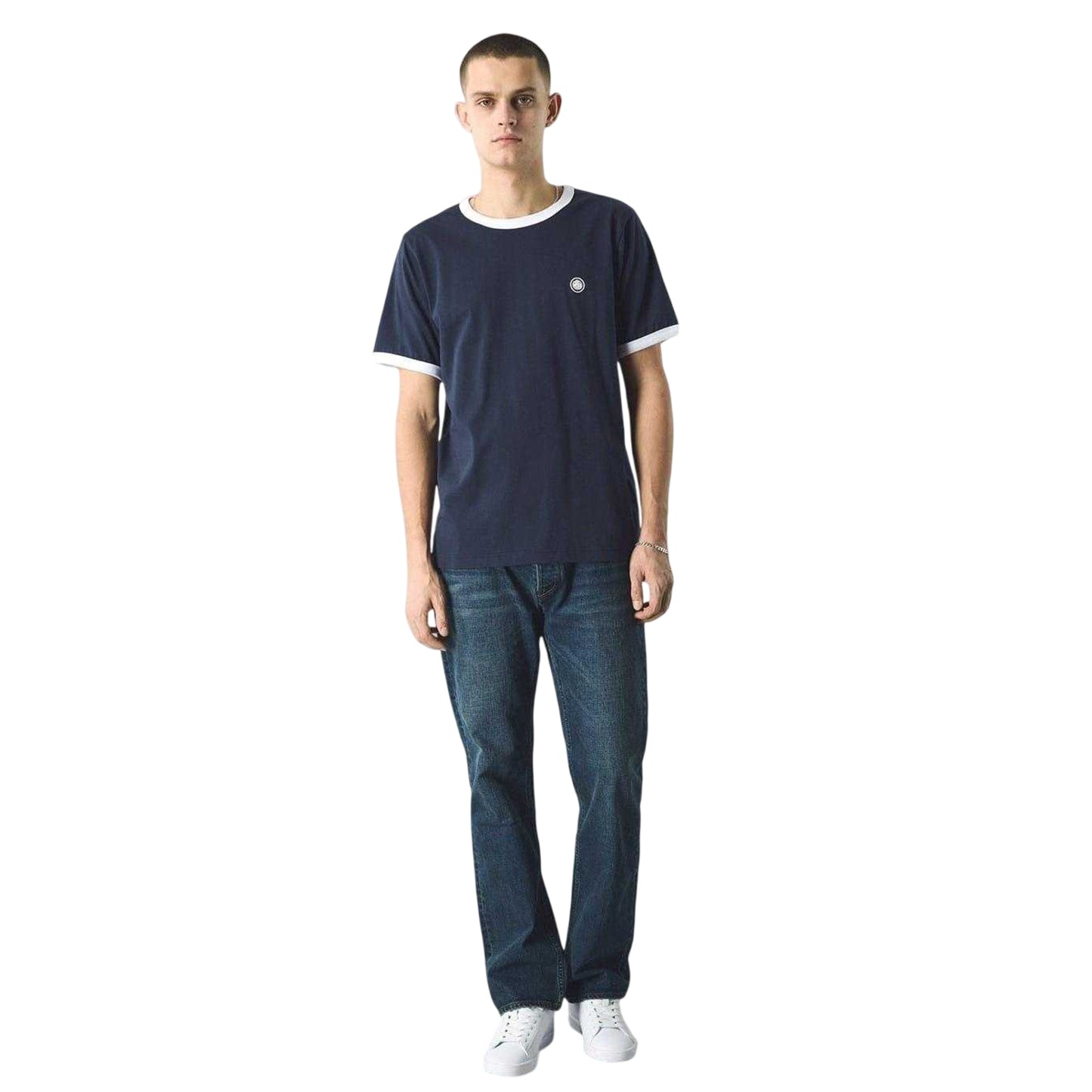Navy - Side - Pretty Green Mens Ringer Logo T-Shirt