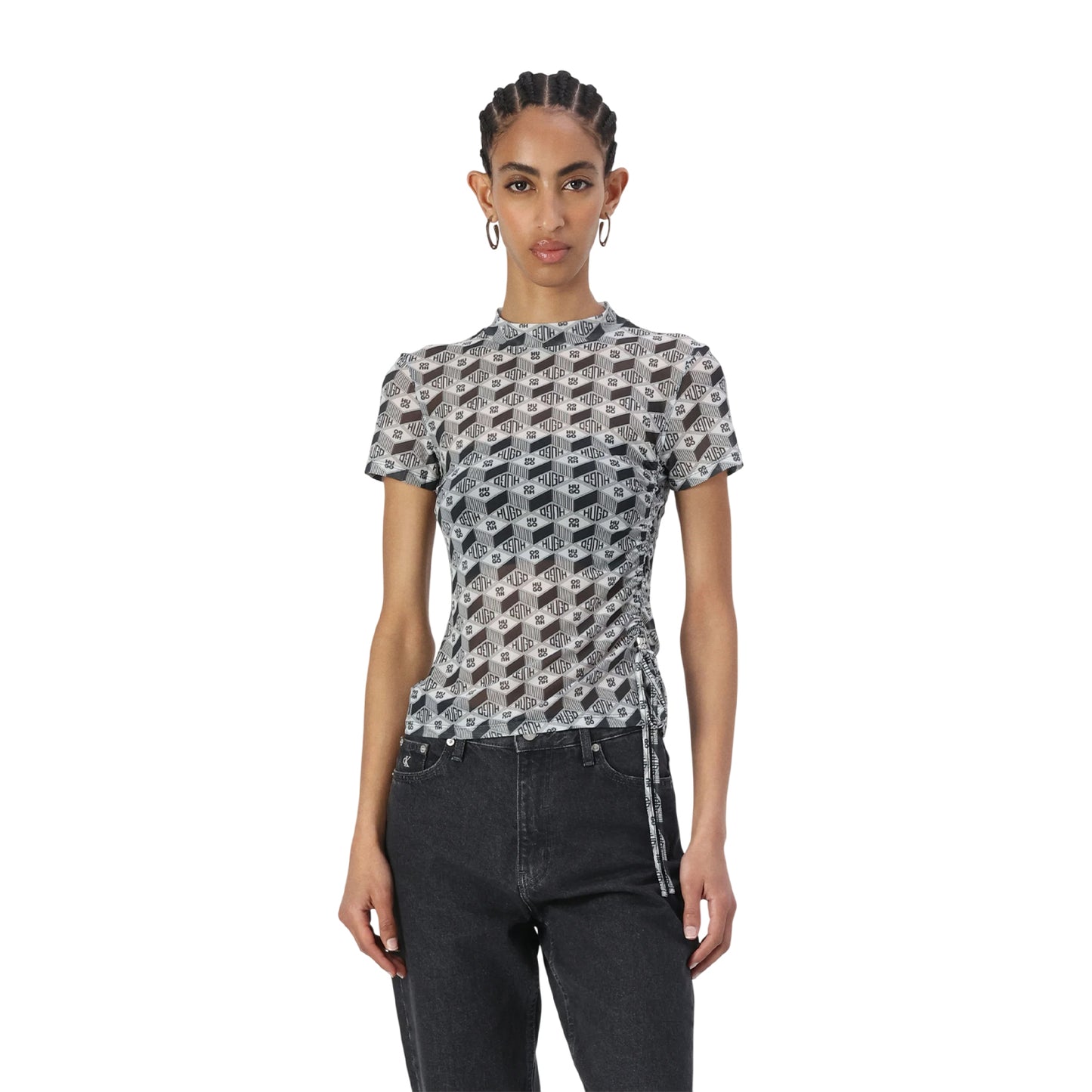 Grey - Side - Hugo Womens-Ladies Lettering Mock Neck T-Shirt