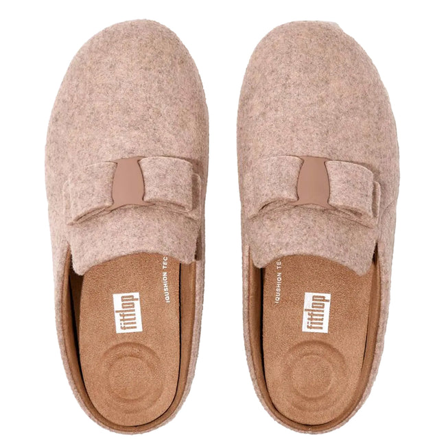 Beige - Side - Fit Flop Womens-Ladies Chrissie II Haus E01 Bow Felt Slippers