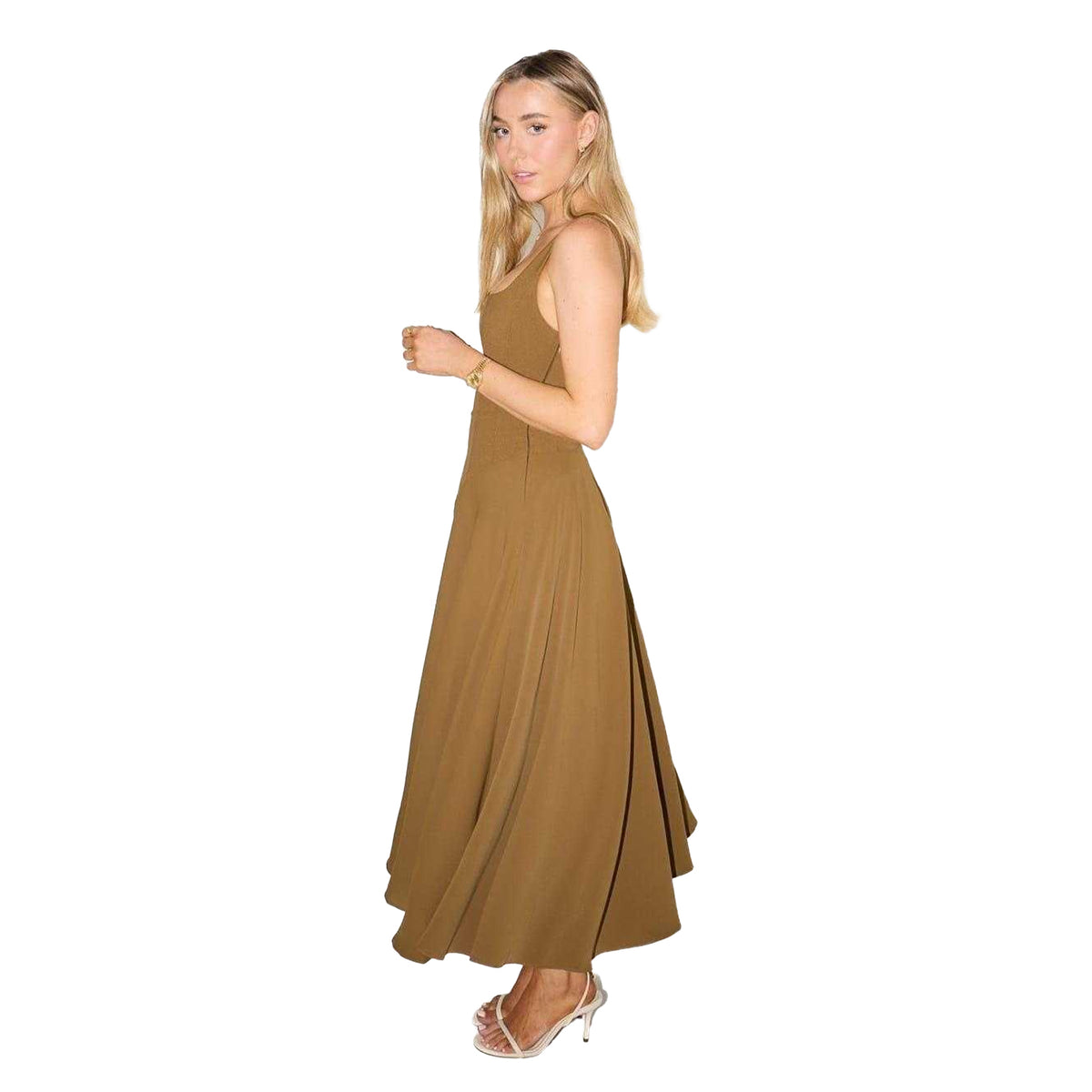 Olive - Side - Odd Muse Womens-Ladies A-line Low Rise Midi Dress