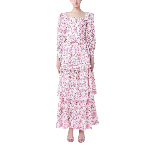 White-Fuchsia - Front - Special Occasion Womens-Ladies Floral Cut Out Regular Maxi Dress