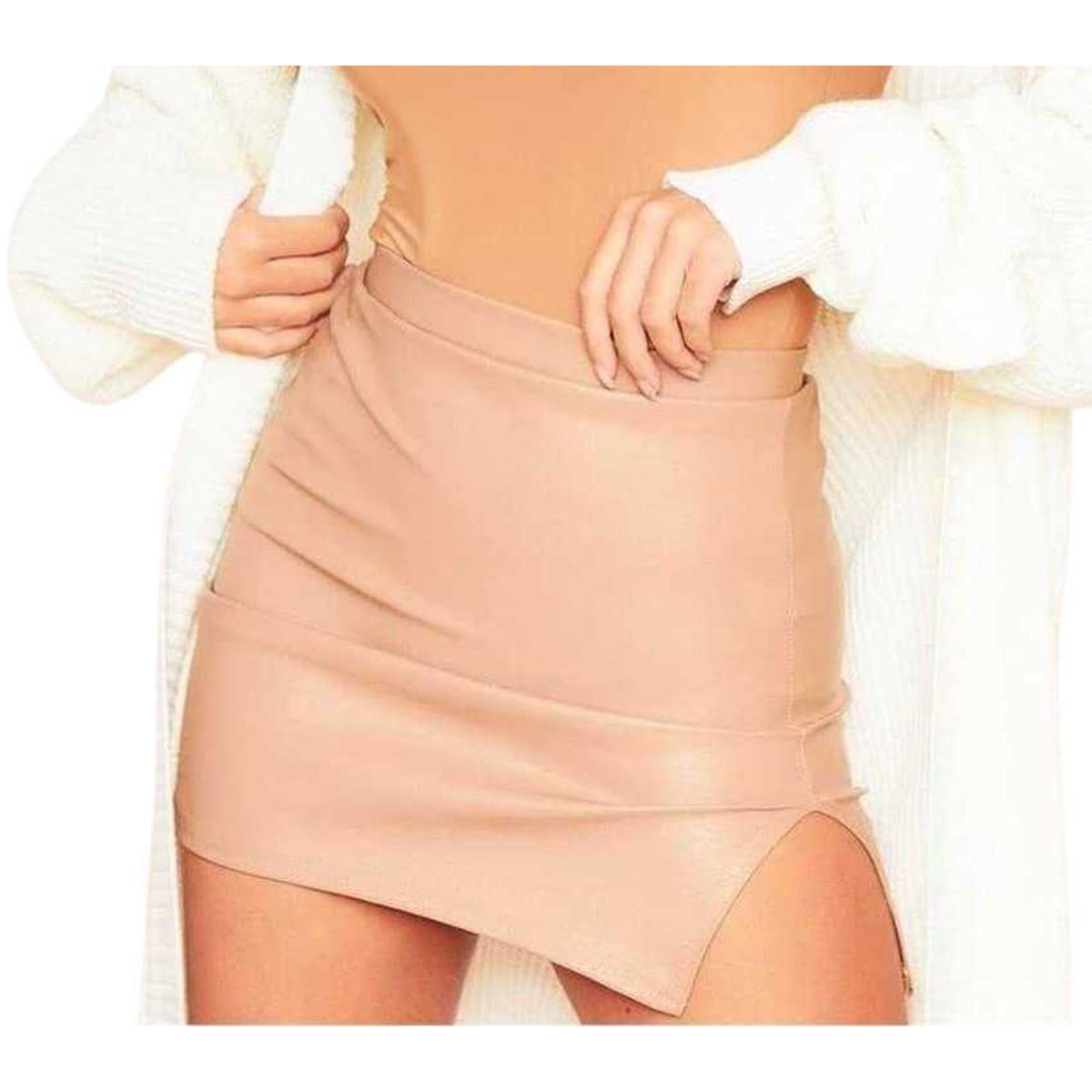 Camel - Back - Missy Empire Womens-Ladies Split Hem Fitted Mini Skirt