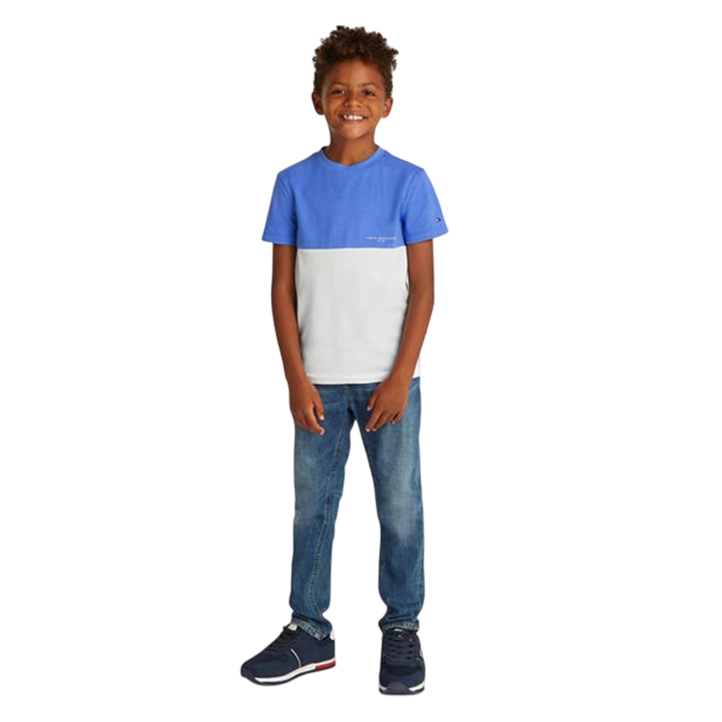 Blue-White - Side - Tommy Hilfiger Childrens-Kids Colour Block Logo Regular T-Shirt