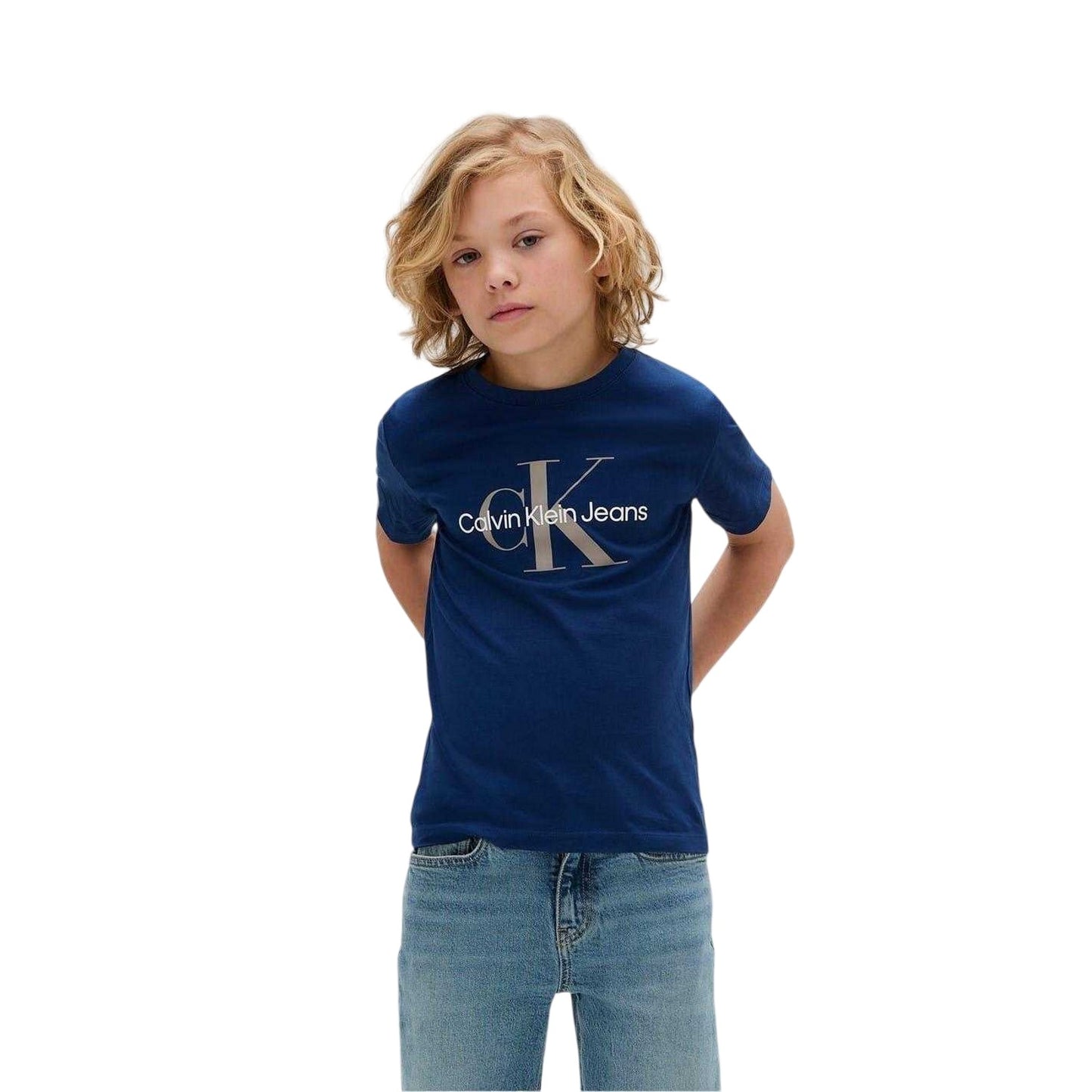 Blue - Side - Calvin Klein Childrens-Kids Monogram Cotton T-Shirt
