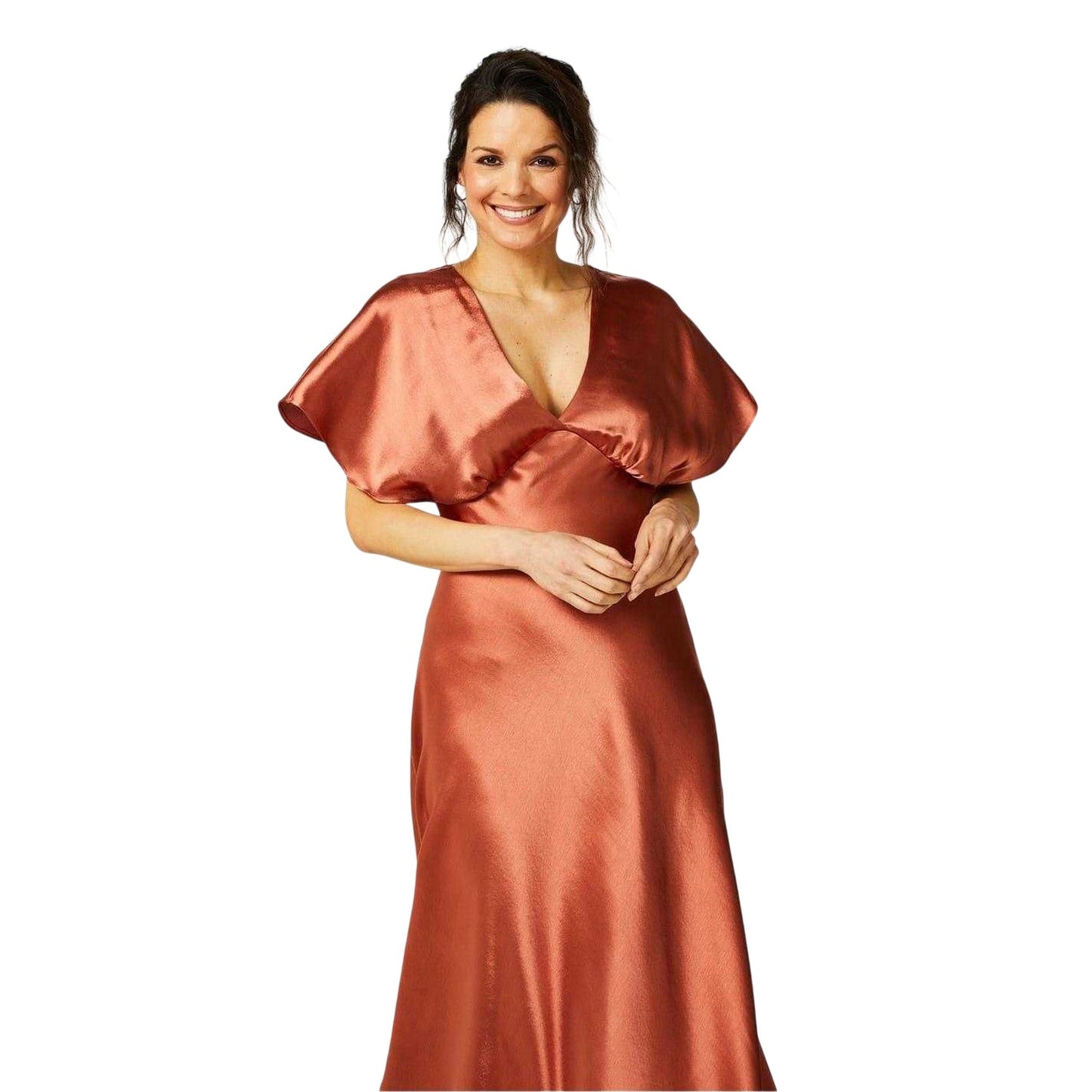 Rust - Side - Biba Womens-Ladies Satin Fitted Angel Sleeve Maxi Dress