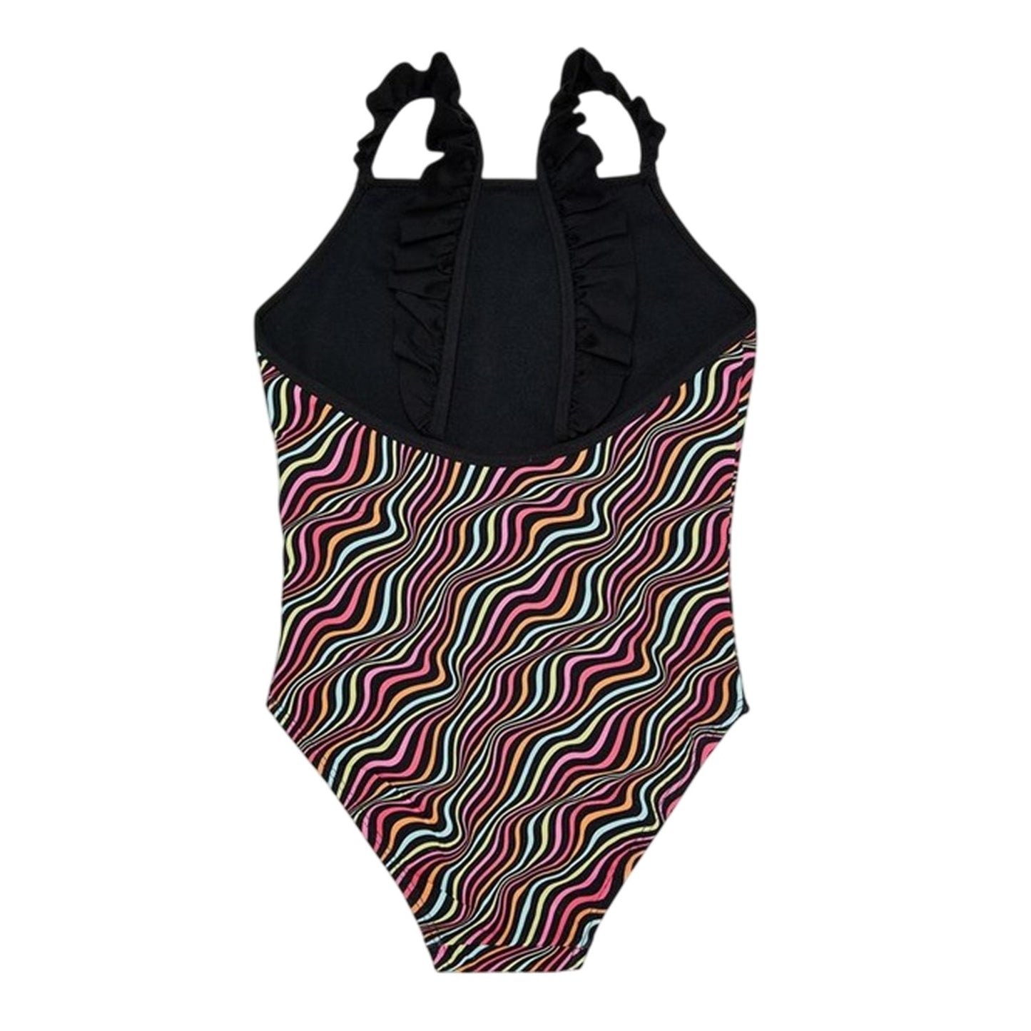 Black - Back - Threadbare Girls Wavy Striped Frill One Piece Swimsuit