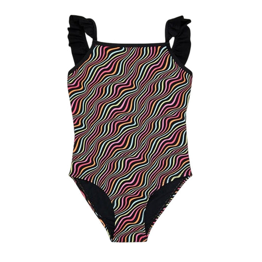 Black - Front - Threadbare Girls Wavy Striped Frill One Piece Swimsuit