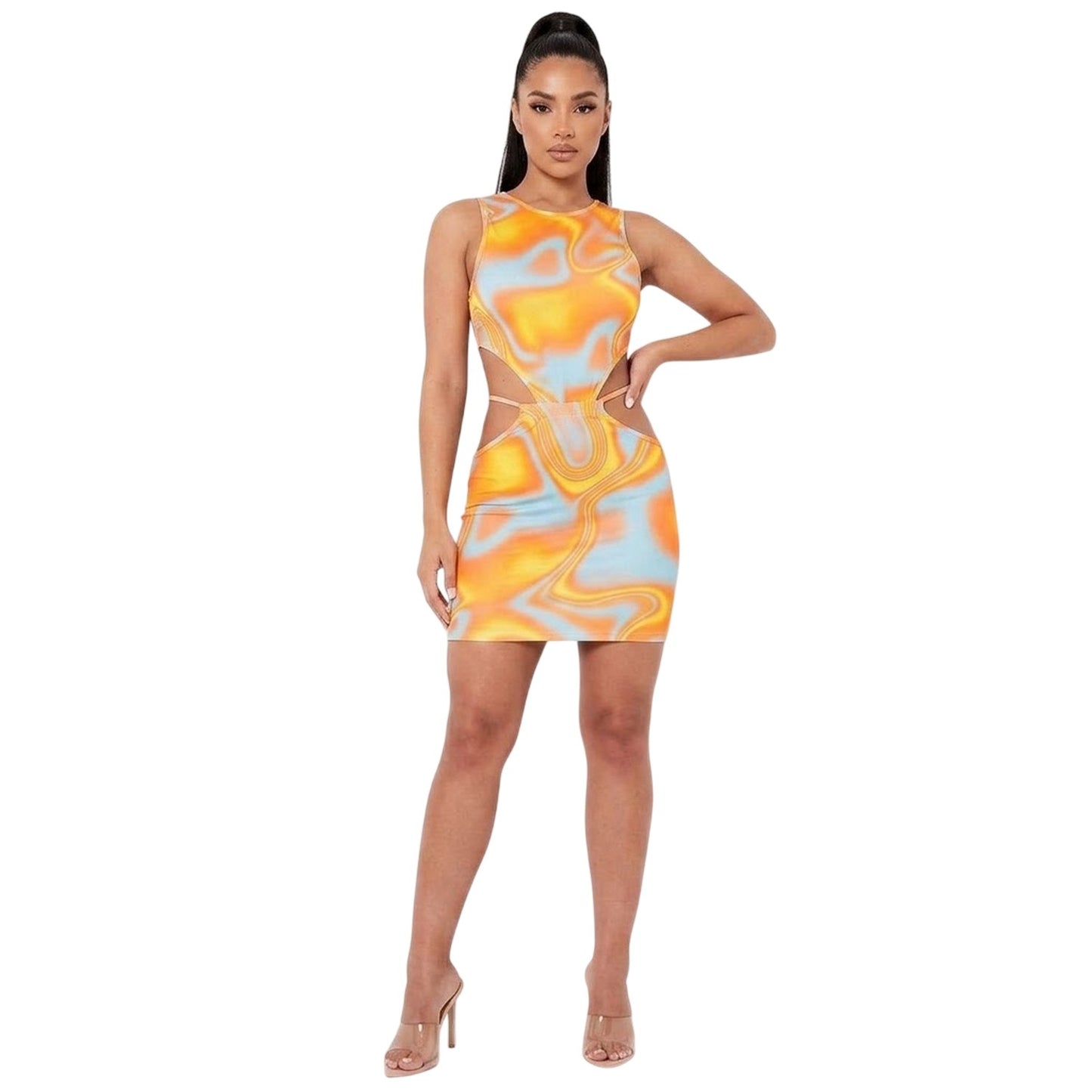 Orange - Back - Missy Empire Womens-Ladies Swirl Print Cut Out Mini Skirt