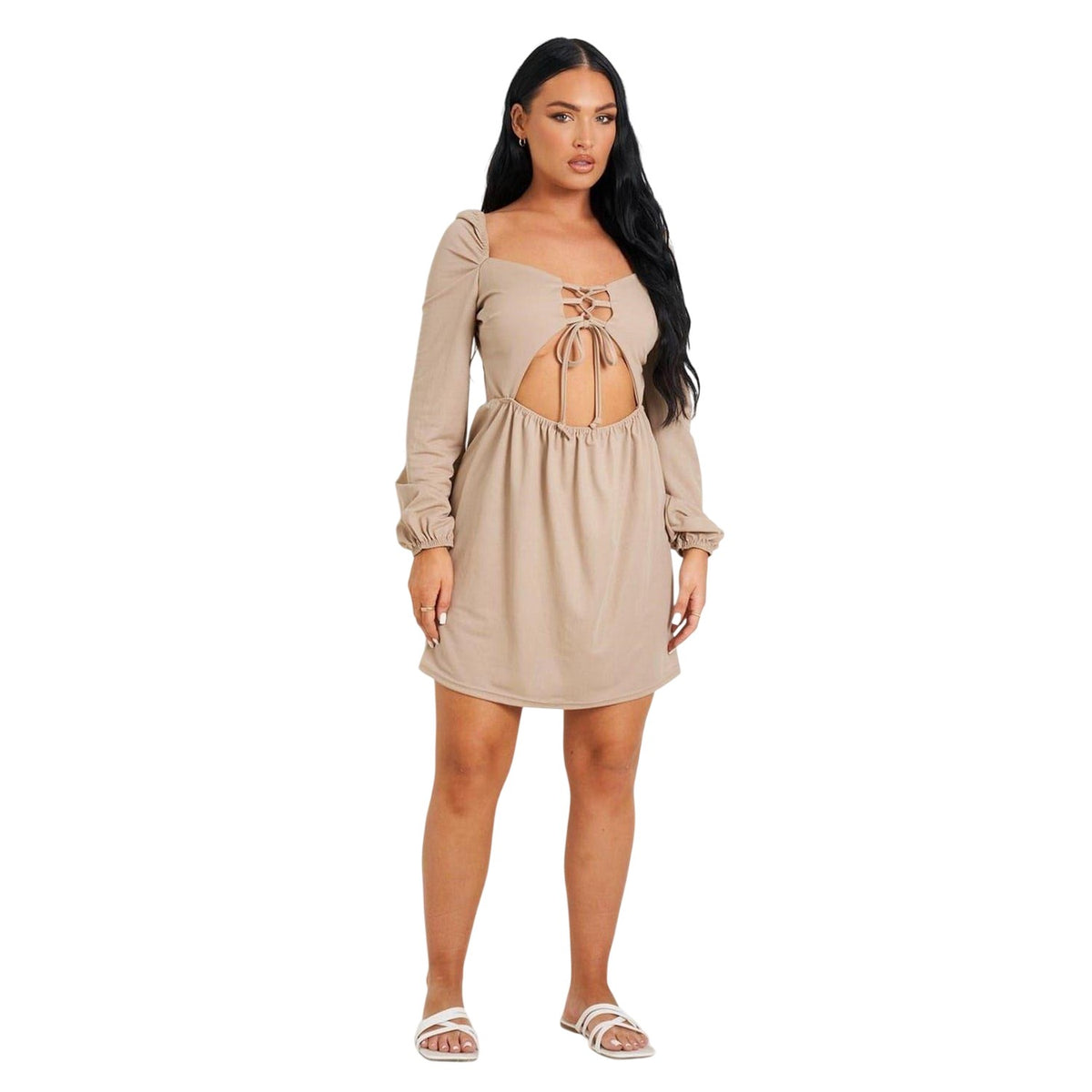 Light Beige - Back - Missy Empire Womens-Ladies Up Front Long-Sleeved Mini Dress