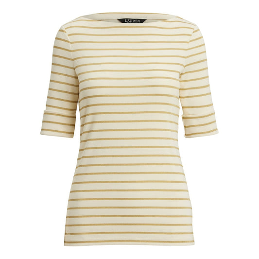 Cream-Gold - Front - Ralph Lauren Womens-Ladies Judy Boat Neck 3-4 Sleeve T-Shirt