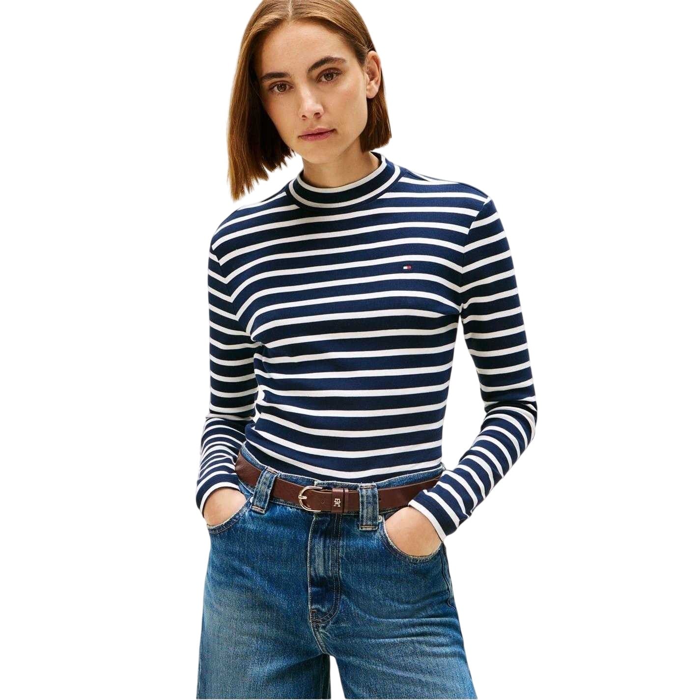 Dark Navy-White - Side - Tommy Hilfiger Womens-Ladies Striped Slim Long-Sleeved T-Shirt