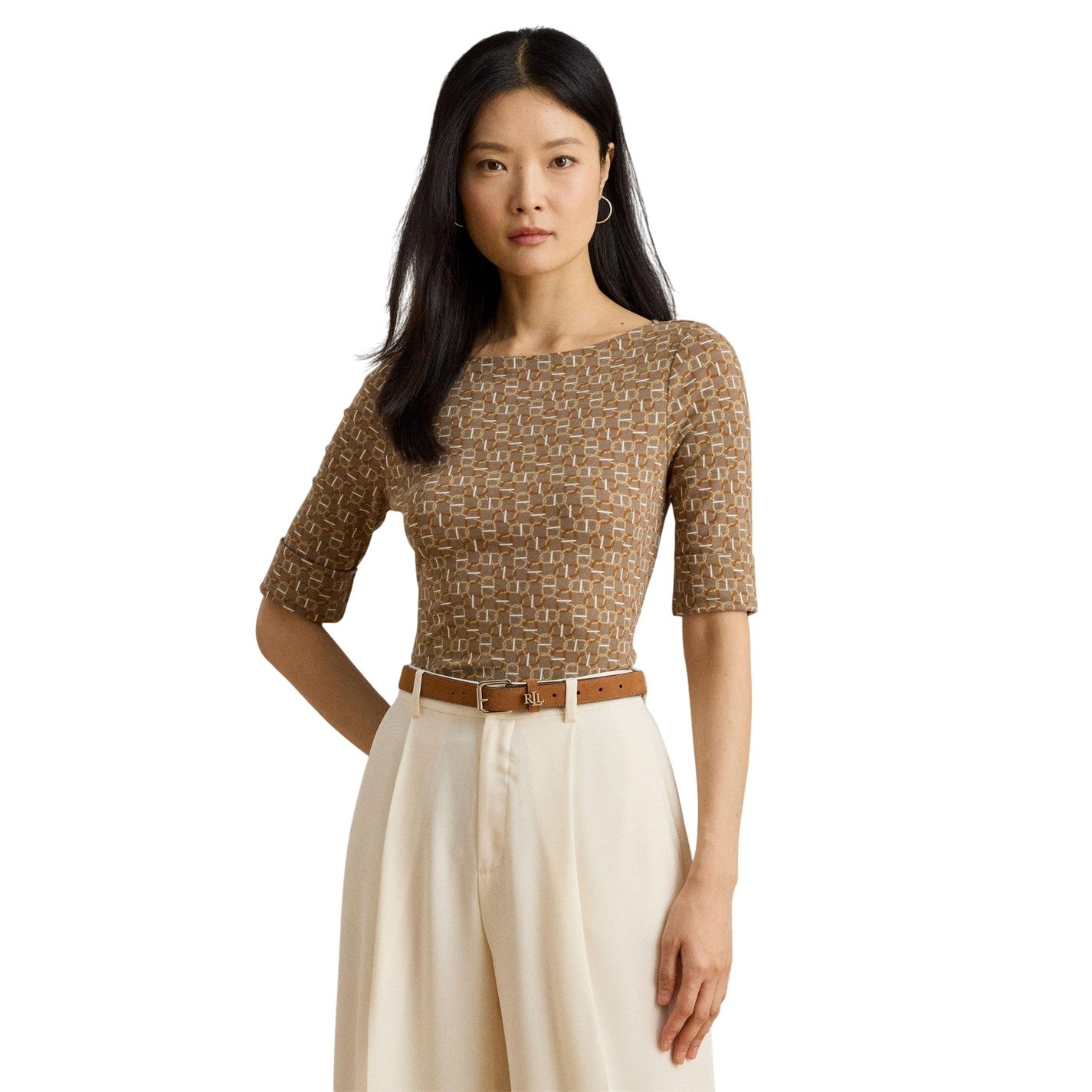 Taupe - Lifestyle - Ralph Lauren Womens-Ladies Judy Chain Print Boat Neck T-Shirt