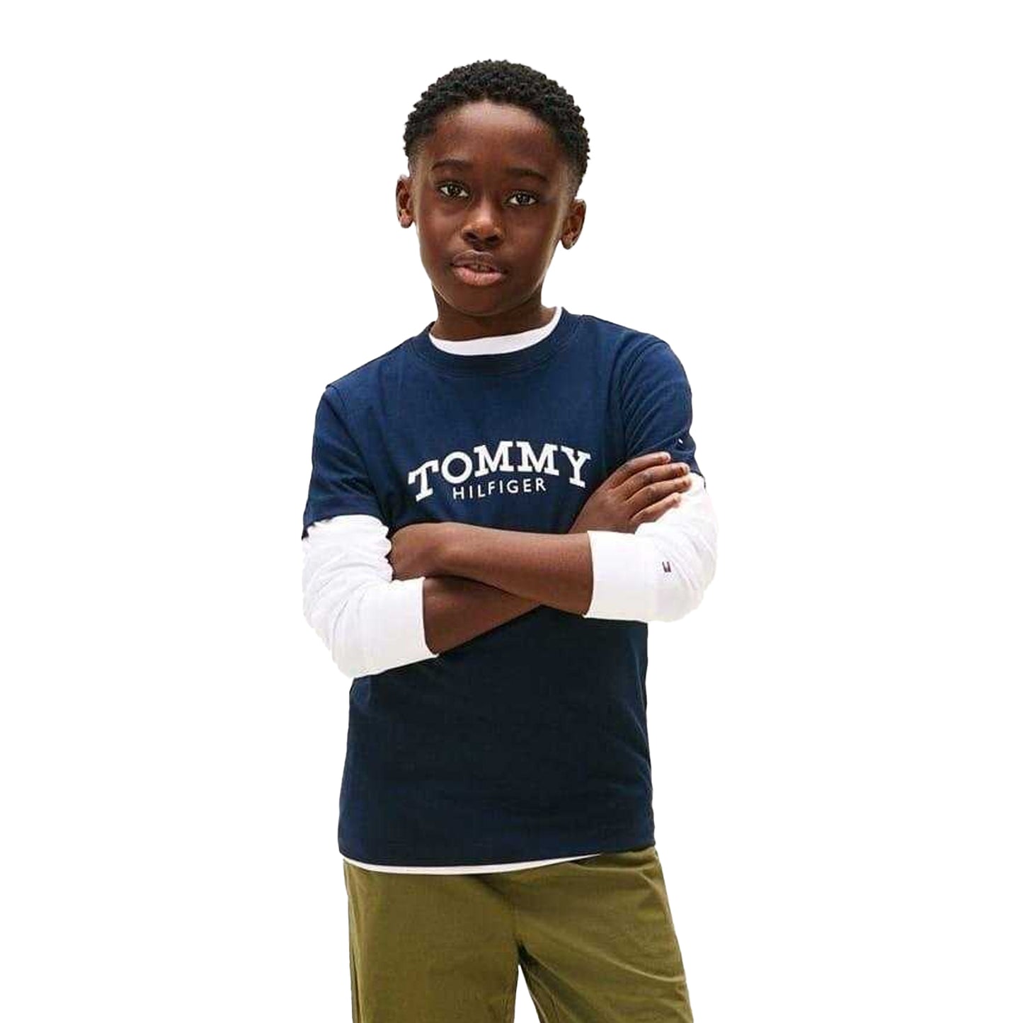 Navy Night - Side - Tommy Hilfiger Childrens-Kids Arched Logo Crew Neck T-Shirt