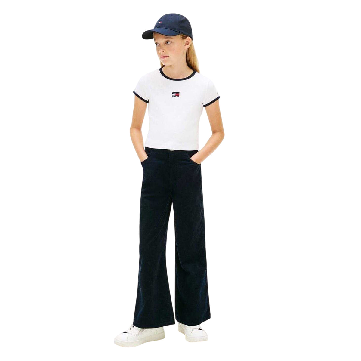 White - Side - Tommy Hilfiger Childrens-Kids Heritage Ribbed Collar T-Shirt