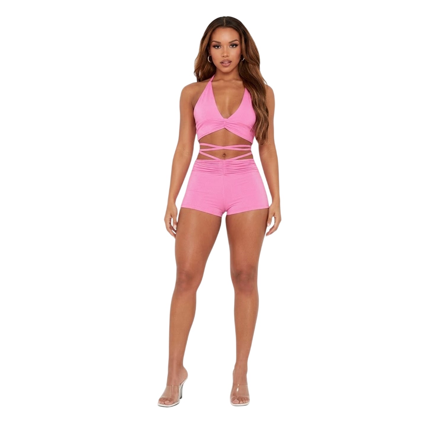 Pink - Back - Missy Empire Womens-Ladies Ruched Cycling Shorts