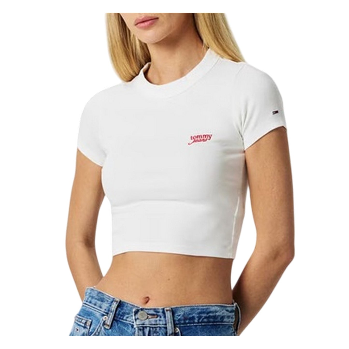 Ecru - Side - Tommy Jeans Womens-Ladies Embroidered Logo Crop T-Shirt
