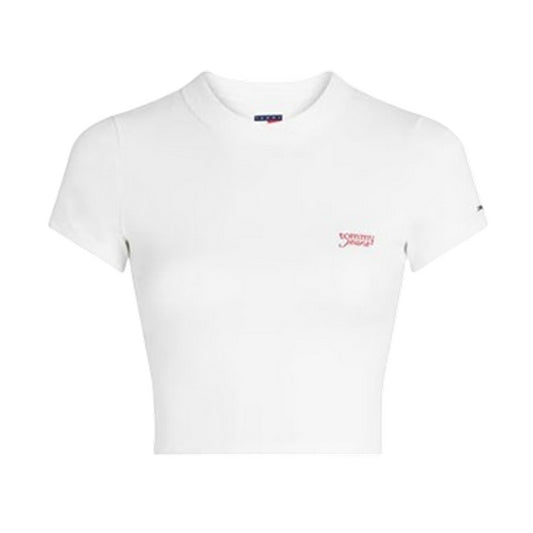Ecru - Front - Tommy Jeans Womens-Ladies Embroidered Logo Crop T-Shirt