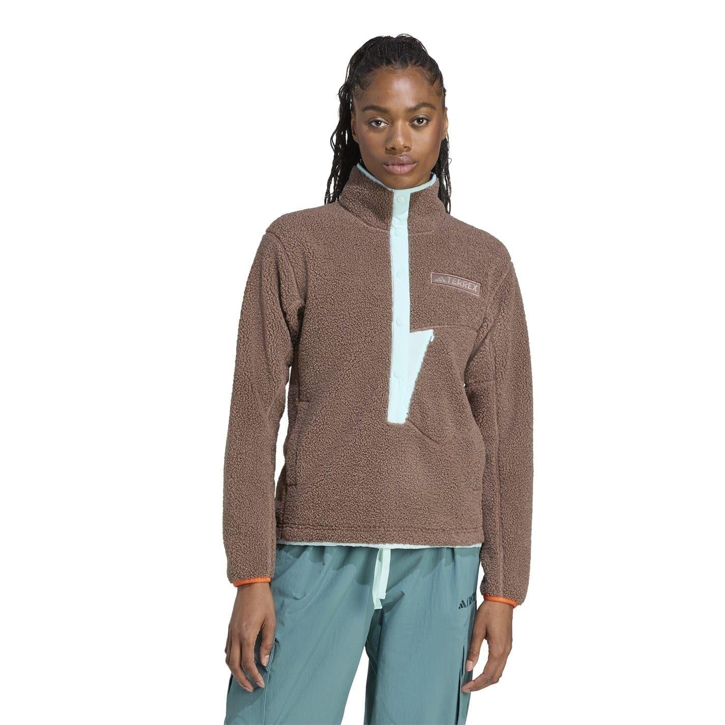 Olive Strata - Side - Adidas Womens-Ladies Terrex Xploric High Pile Chest Pocket Sweatshirt