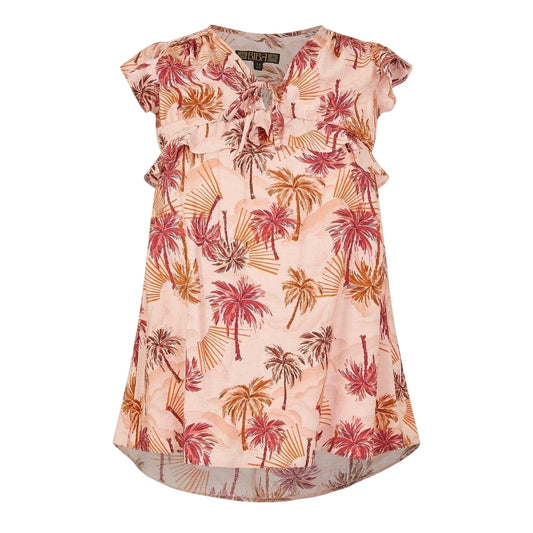 Orange - Front - Biba Girls Palm Tree Tie Neck Relaxed Fit Ruffle Blouse