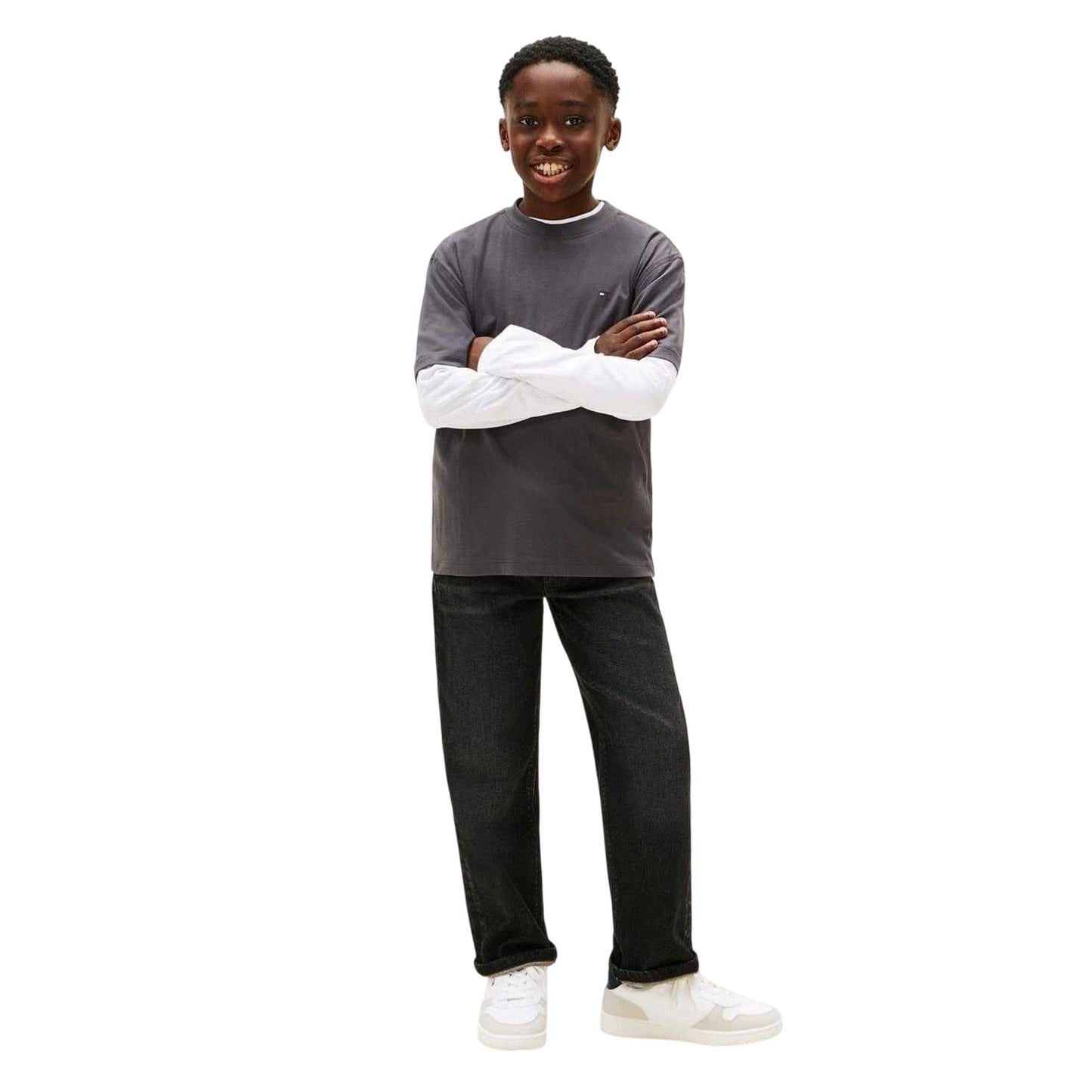 Washed Black - Lifestyle - Tommy Hilfiger Childrens-Kids Embroidered Logo Crew Neck T-Shirt
