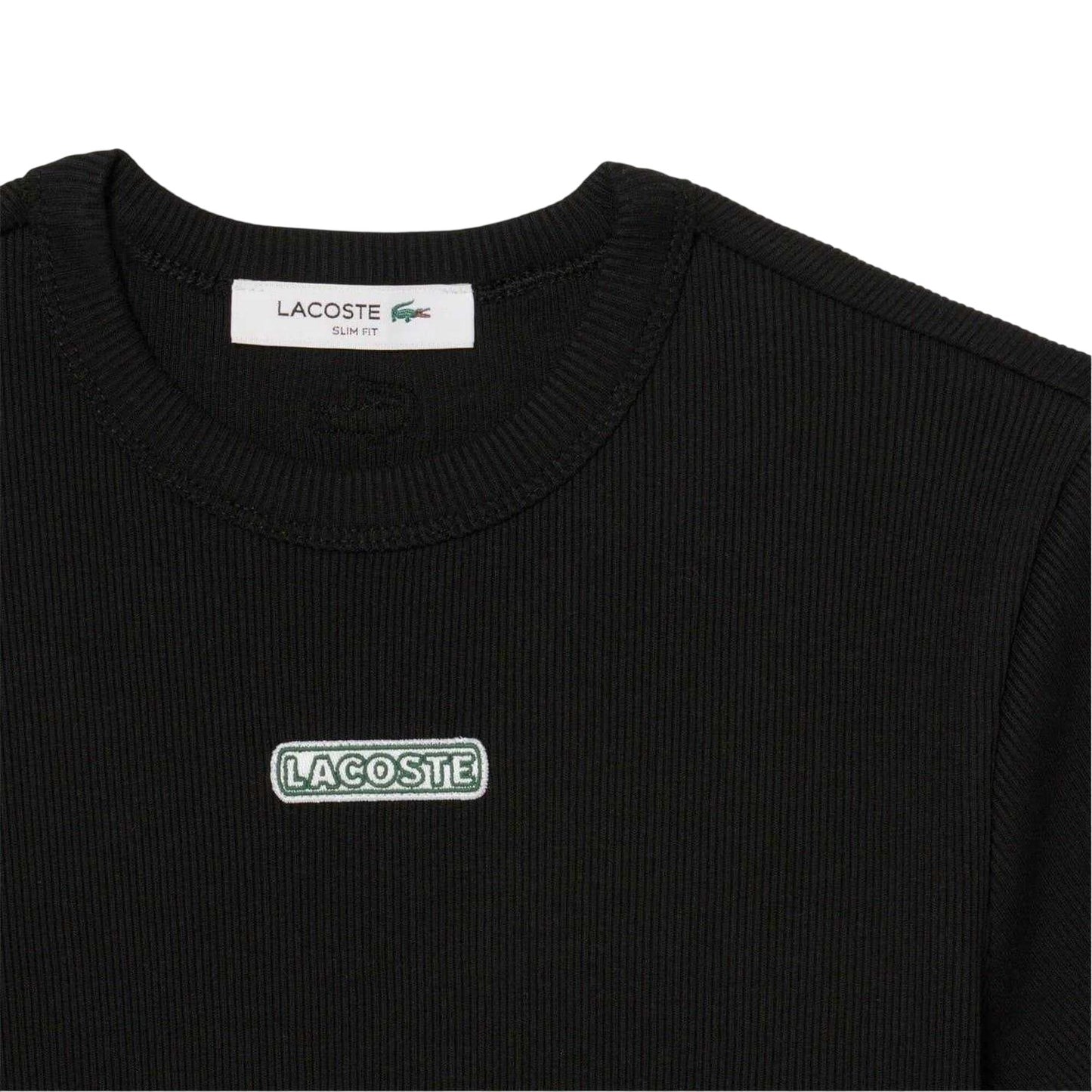 Black - Side - Lacoste Womens-Ladies Ribbed Crew Neck Slim T-Shirt