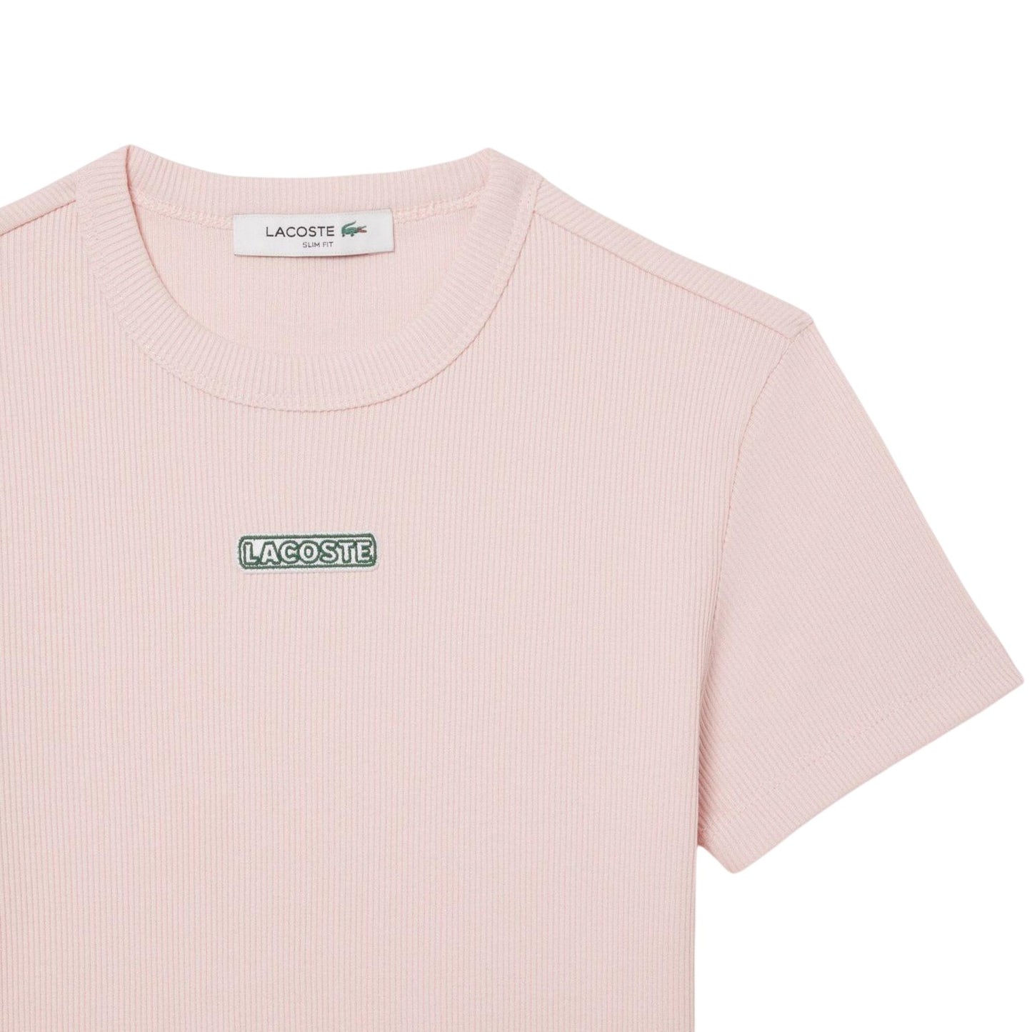 Pink - Side - Lacoste Womens-Ladies Ribbed Crew Neck Slim T-Shirt
