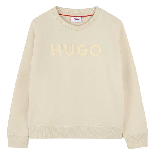 Stone - Front - Hugo Childrens-Kids Logo Printed Ribbed Sweatshirt