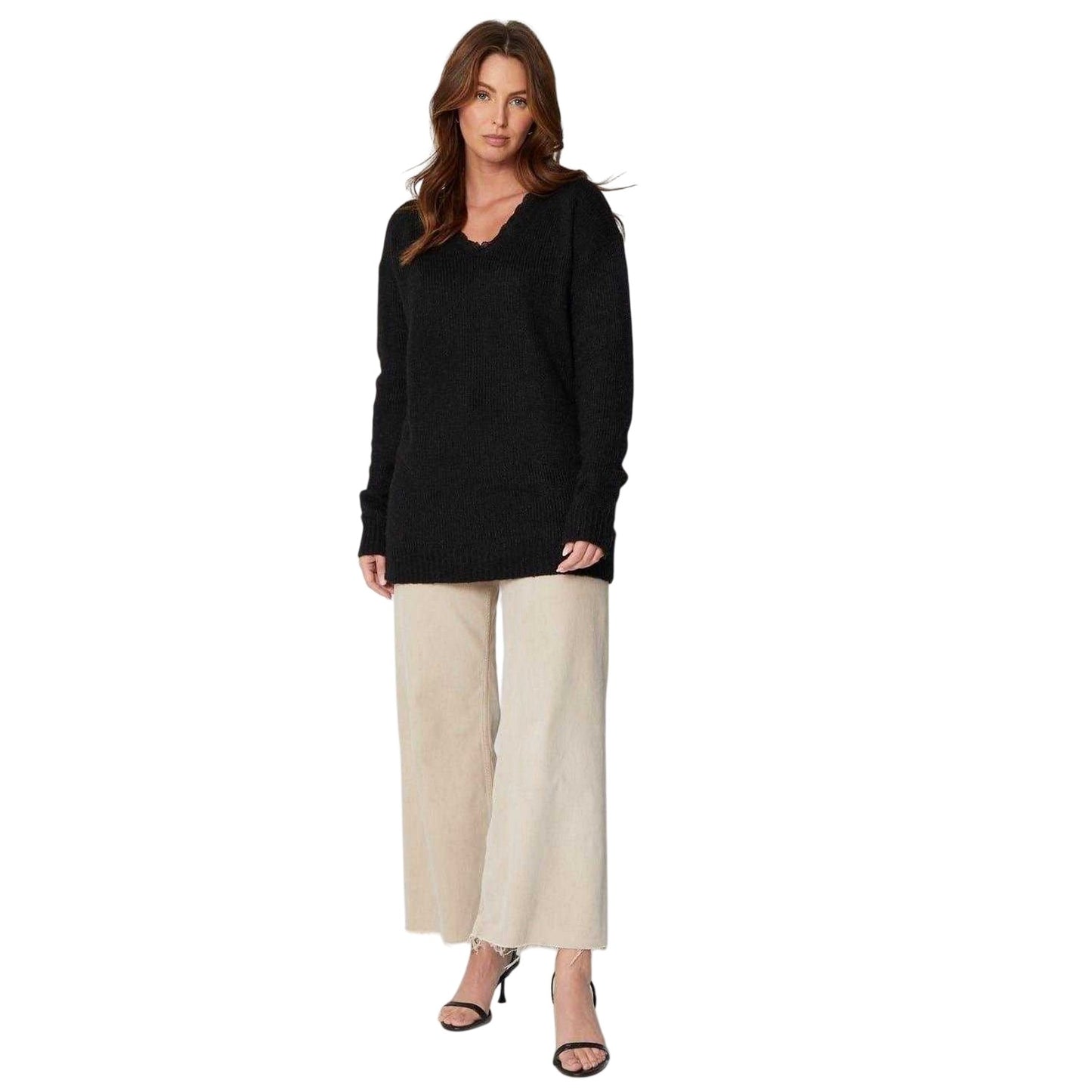 Black - Side - Be You Womens-Ladies Lace Relaxed Fit Sweater Top