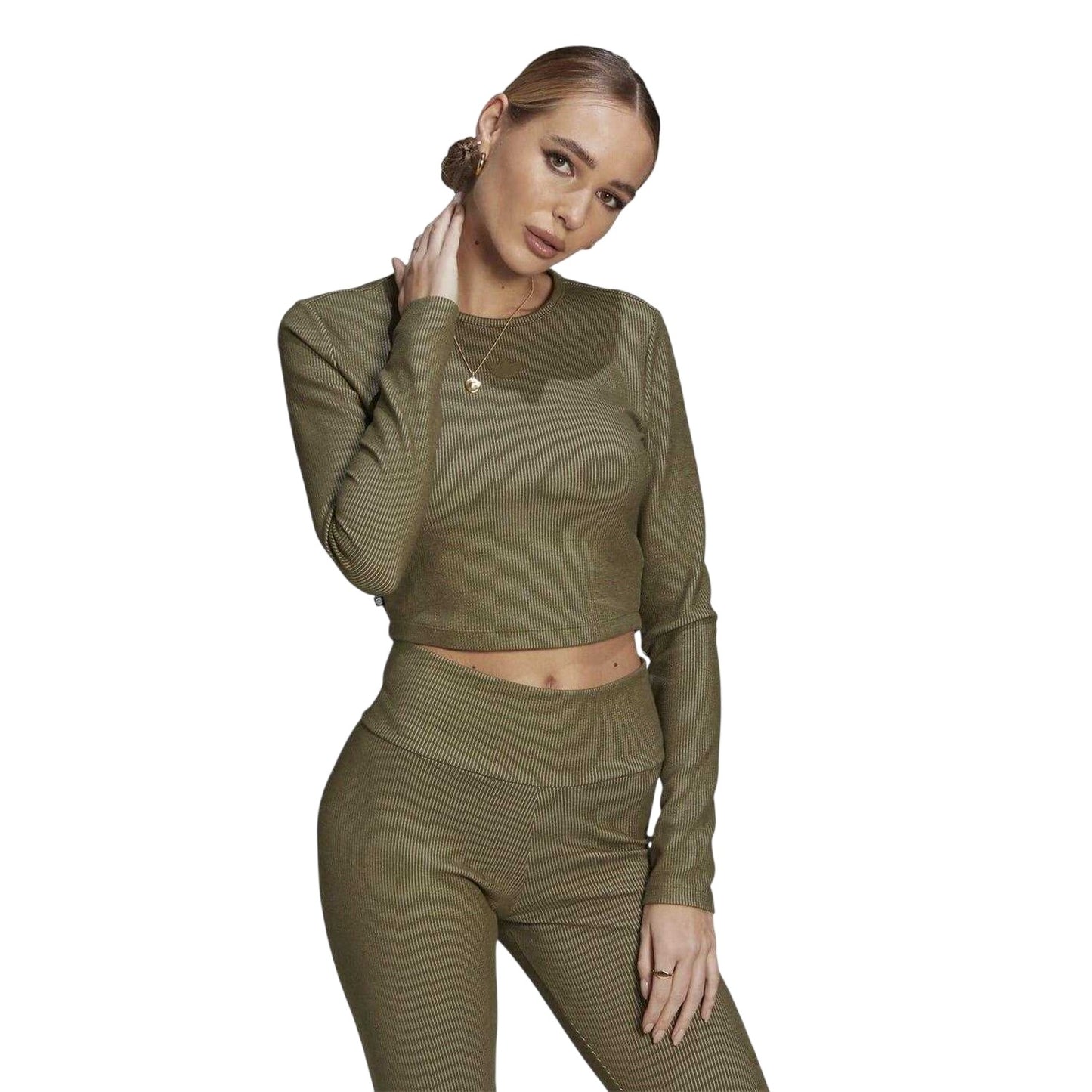 Green - Side - Adidas Womens-Ladies Cropped Slim Long-Sleeved Sweater Top