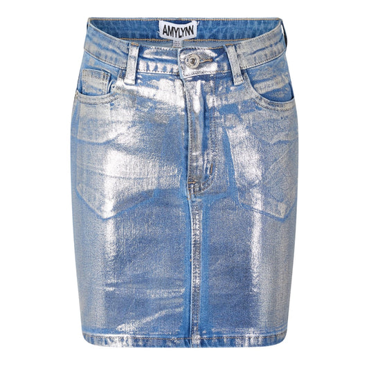 Blue - Front - AmyLynn Womens-Ladies Metallic Denim Mini Skirt