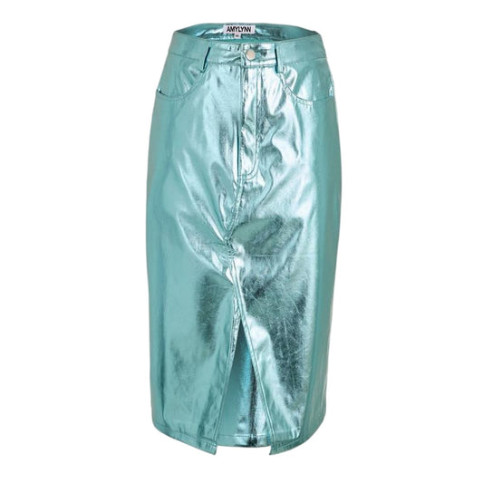 Blue - Front - AmyLynn Womens-Ladies Metallic Faux Leather Pencil Skirt
