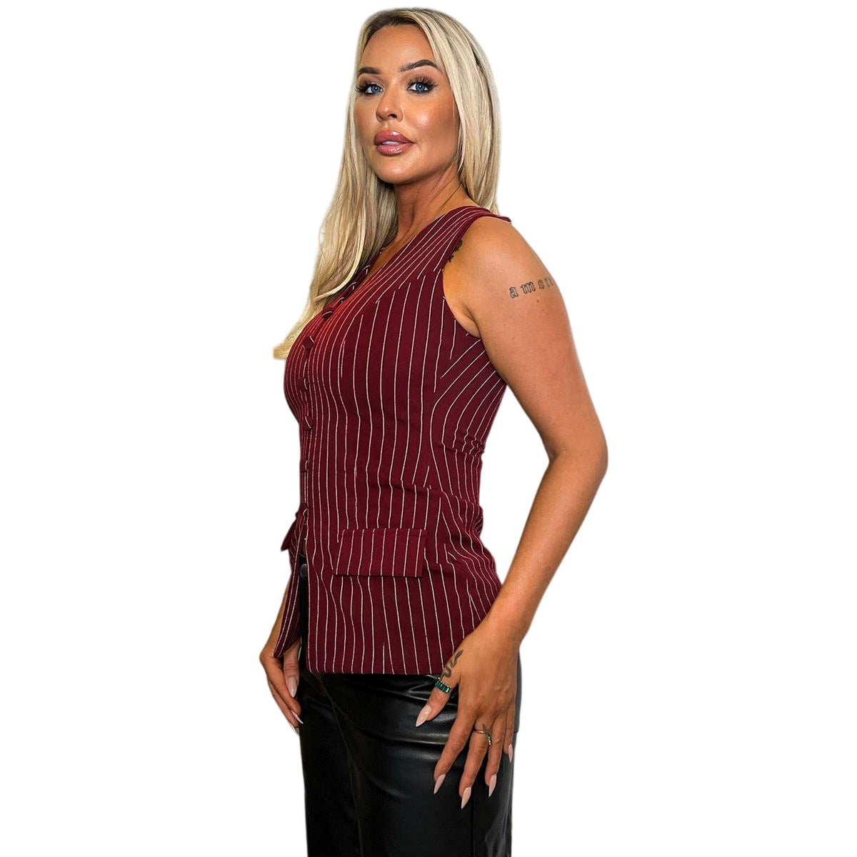 Burgundy - Lifestyle - AX Paris Womens-Ladies Pinstripe Longline Waistcoat
