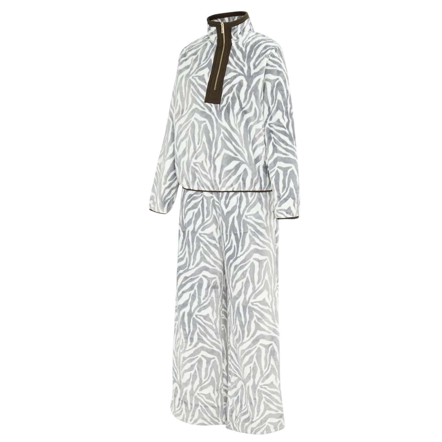 White-Black - Lifestyle - Biba Womens-Ladies Zebra Print Fleece Funnel Neck Loungewear Set