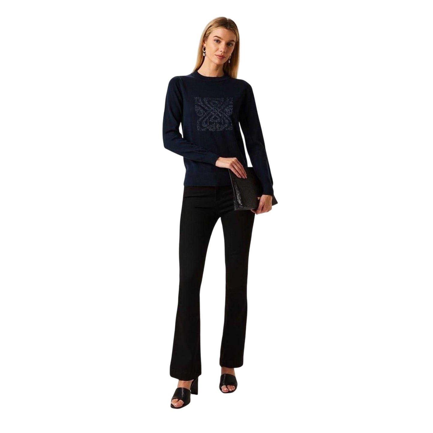 Navy - Side - Biba Womens-Ladies Logo Merino Wool Jumper