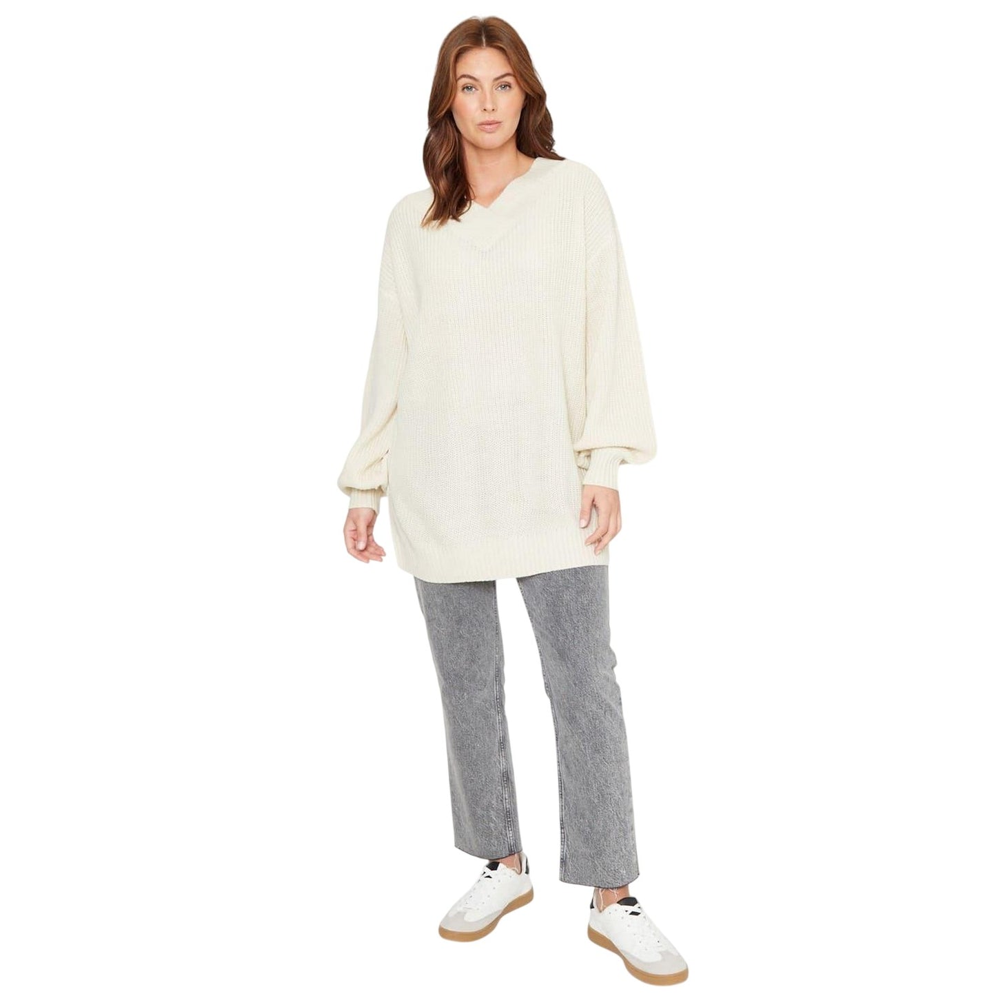 Beige - Lifestyle - Be You Womens-Ladies V Neck Oversized Tunic Top