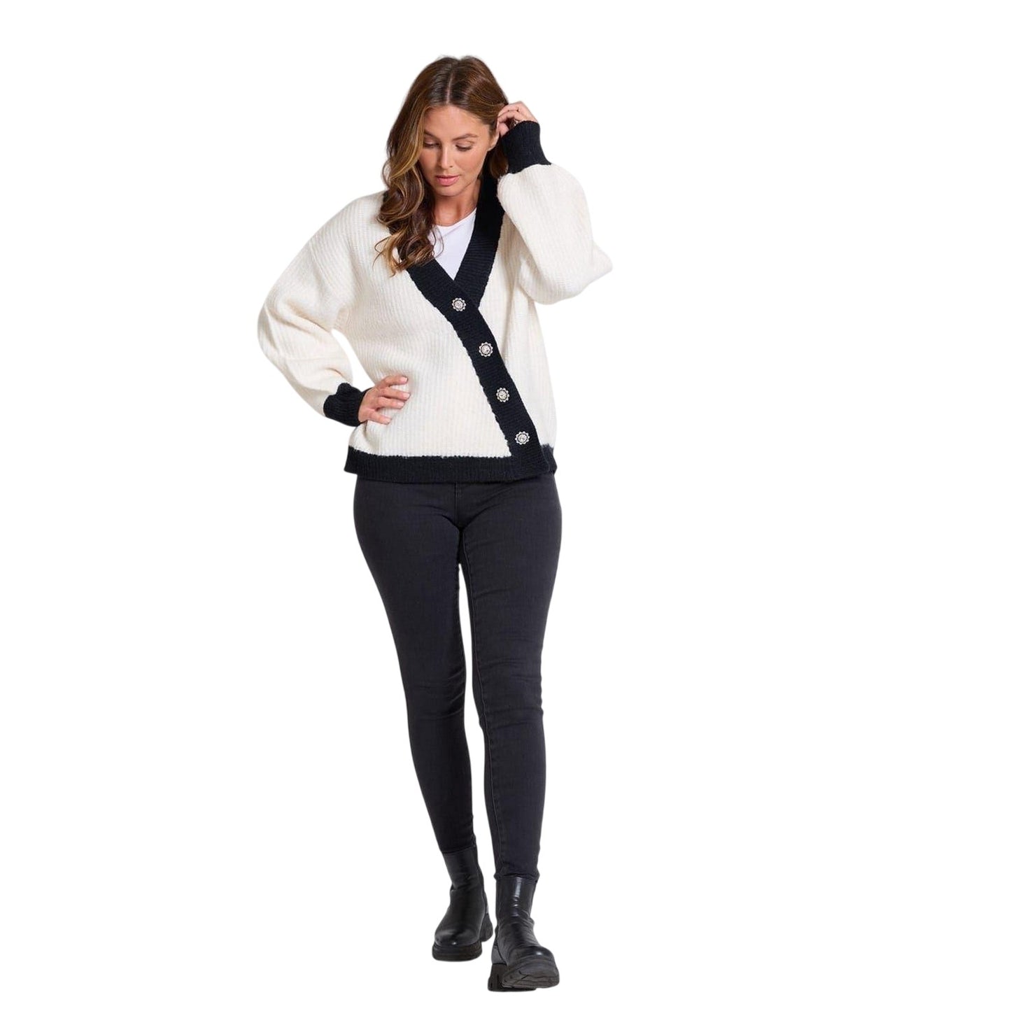 White - Lifestyle - Be You Womens-Ladies Asymmetric V Neck Relaxed Fit Cardigan