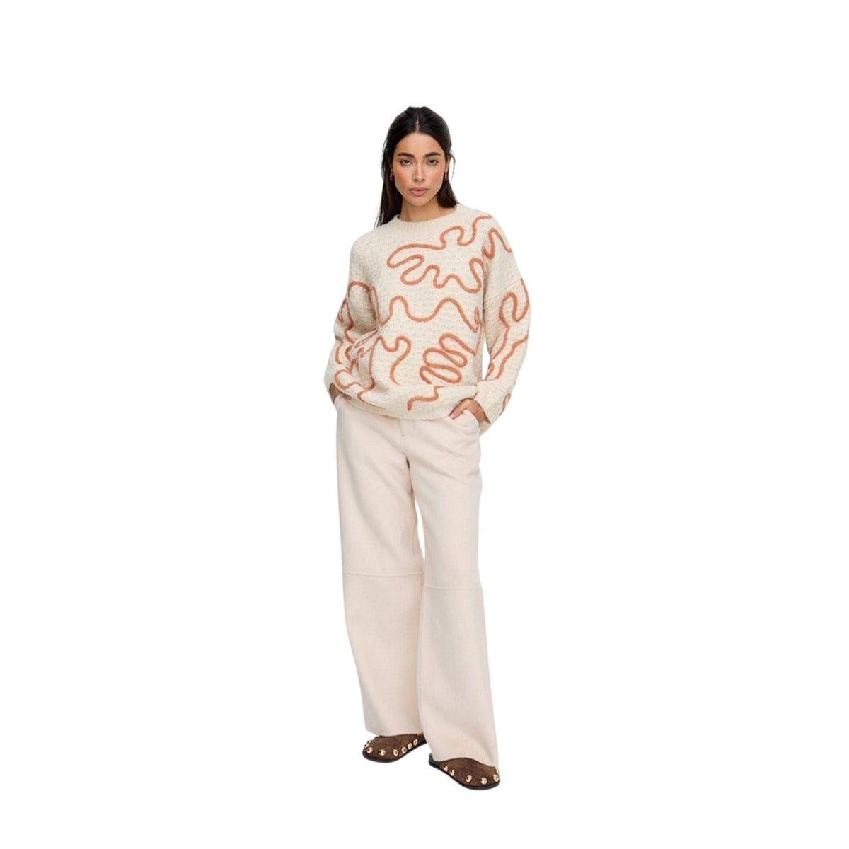 Cream - Lifestyle - Raffya Womens-Ladies Elton Embroidered Oversized Sweater Top