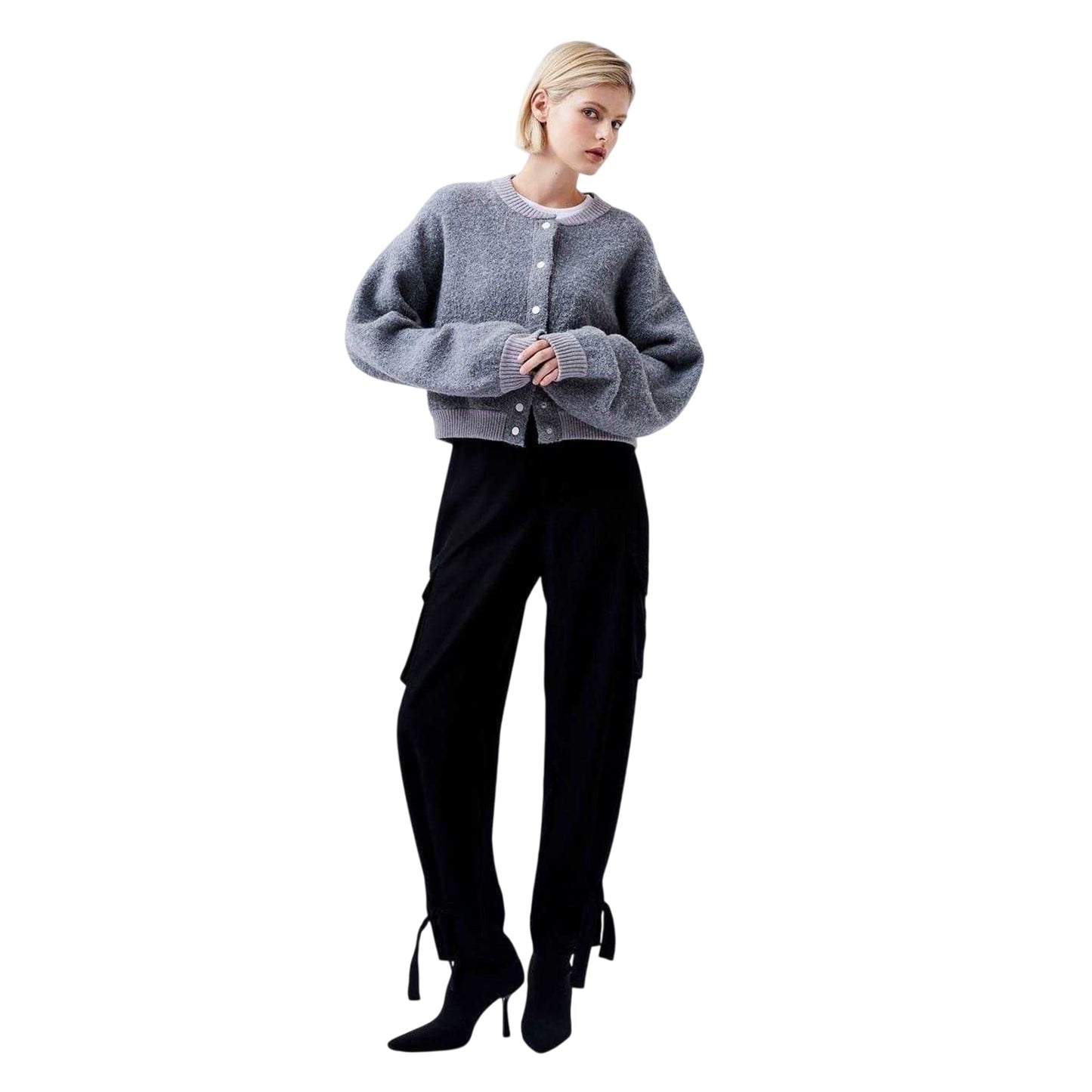 Dove Grey - Side - French Connection Womens-Ladies Melissa Cropped Balloon Sleeve Cardigan